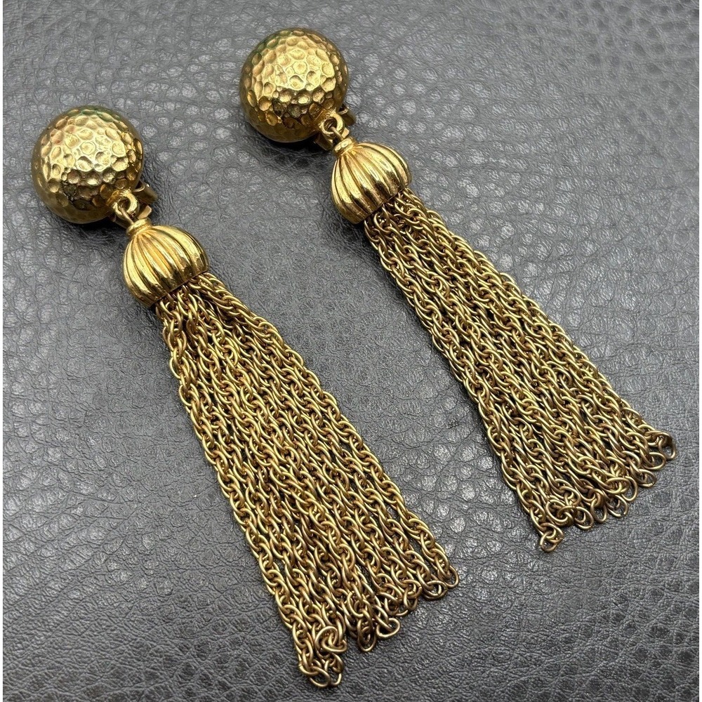 Vintage Ben Amun Long 4" Hammered Disc Chain Tassel Drop Clip Earrings Gold Tone